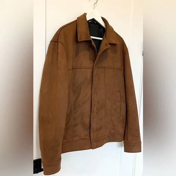 Zara Men’s Faux Suede Brown Button Down Jacket Size XL - Picture 2 of 8